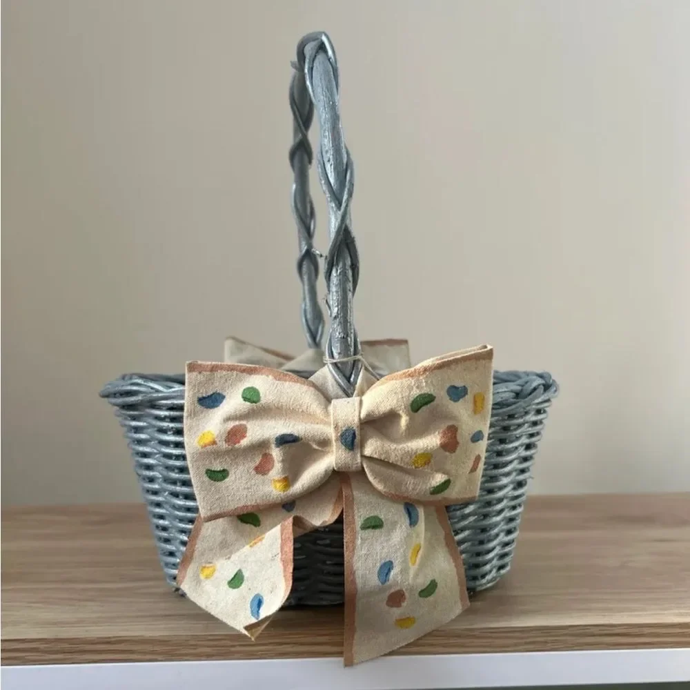 Vintage Woven Wicker Basket with Bow - Blue and Multicolor